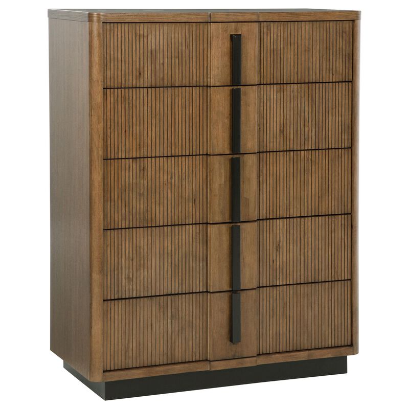 Reon Tall Dresser Chest, 5 Drawers, Decorative Reeded Ash Brown Black - Benzara