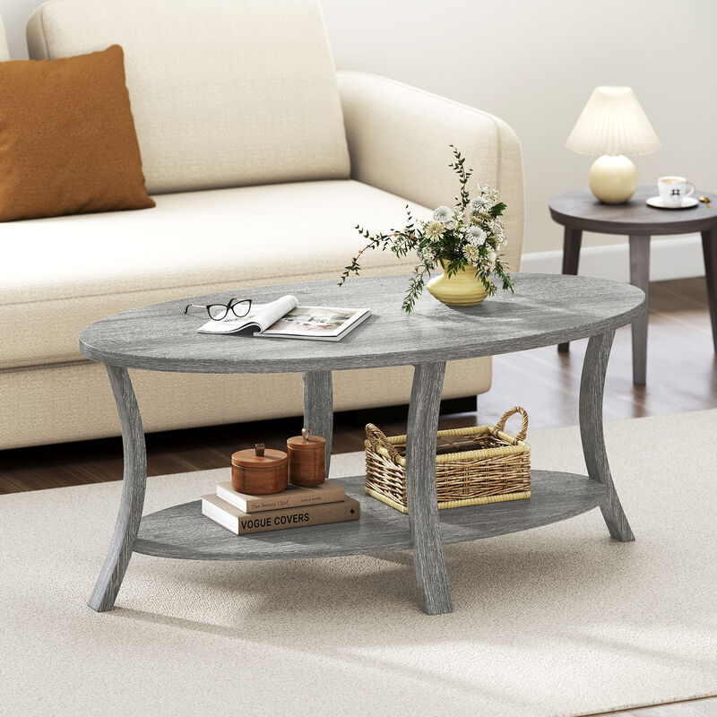 2-Tier Oval Coffee Table with Open Storage Shelf for Living Room-Grey image number 1