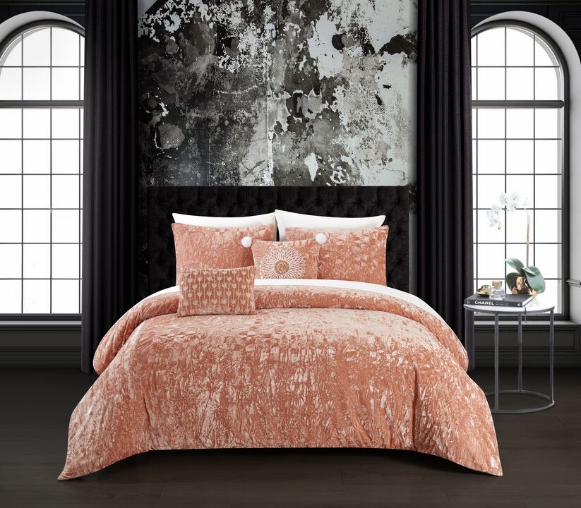 Chic Home Alianna Comforter Set Crinkle Crushed Velvet Bed In A Bag - Sheet Set Decorative Pillow Shams Included - 9-Piece - Queen 90x92", Blush