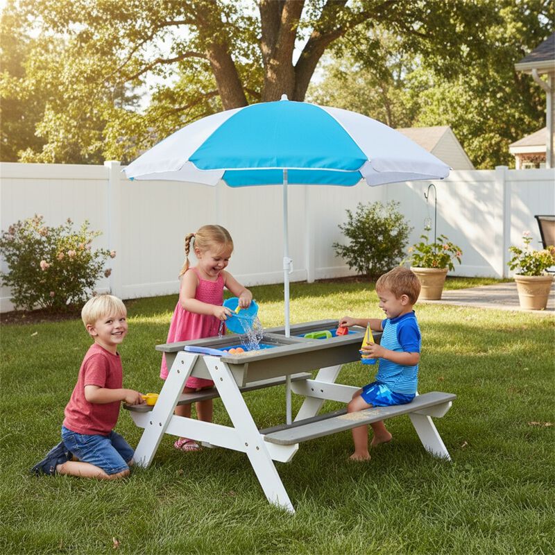 Wooden Kids Picnic Table, Sand and Water Table with Umbrella, Activity Table for Patio Play image number 2