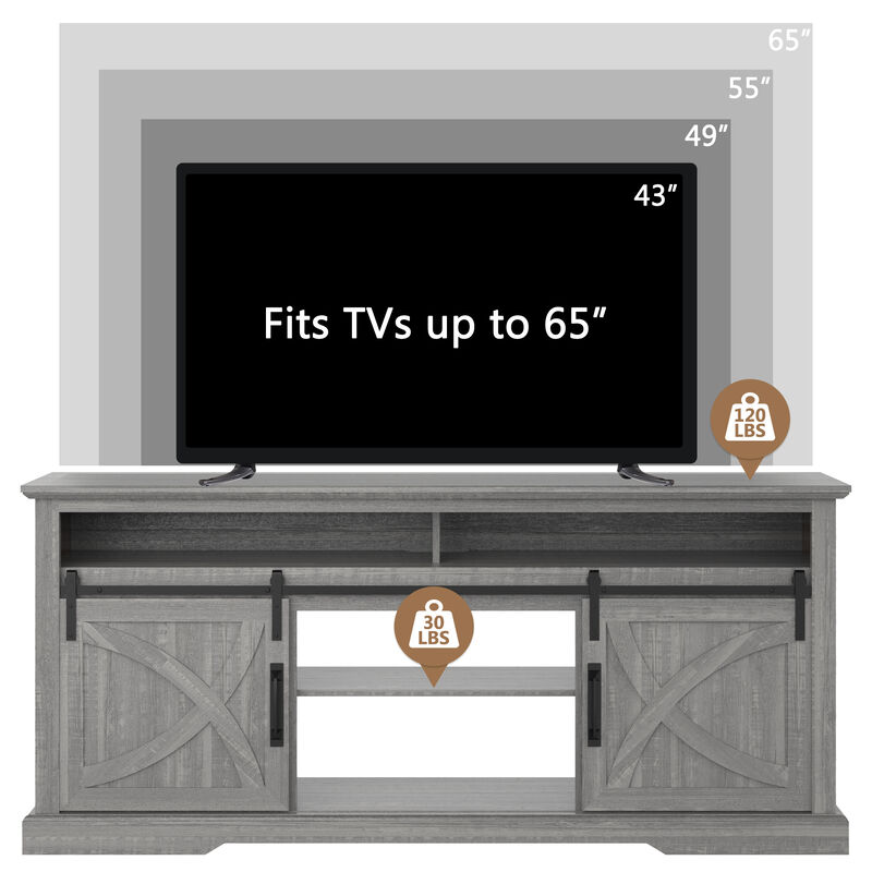 68" Light Gray TV Stand with Open Storage Shelves and Cabinets Media Console for TVs up to 78"
