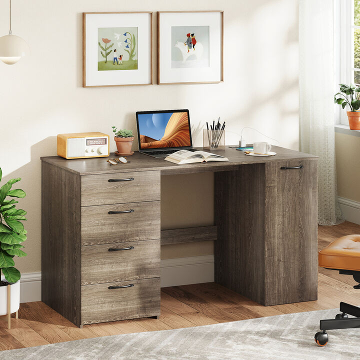 Computer Desk with Power Outlets and 4 Storage Drawers for Home Office Organization