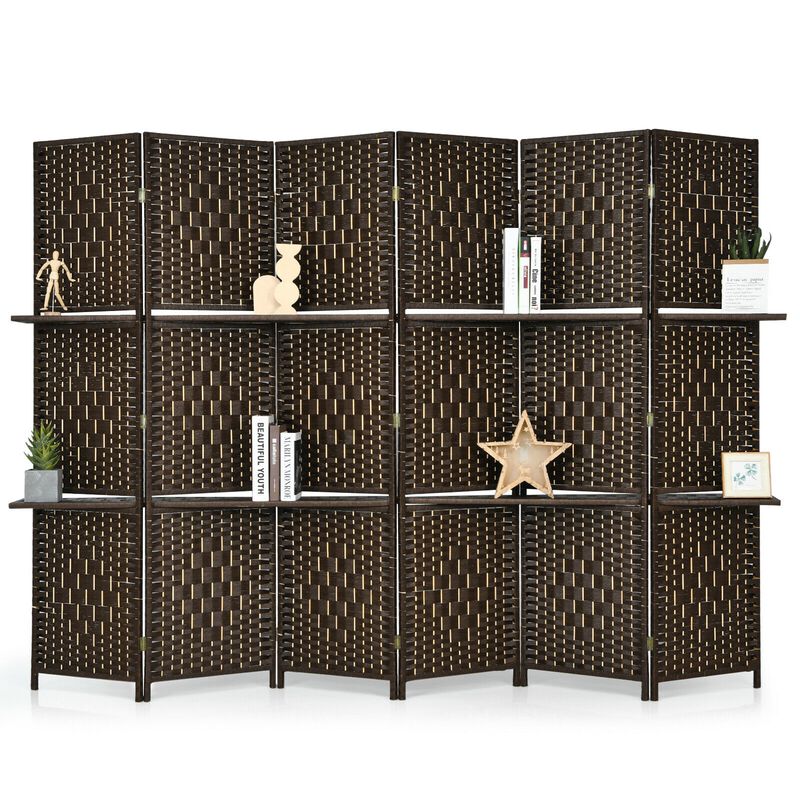 6 Panel Folding Weave Fiber Room Divider With 2 Display Shelves
