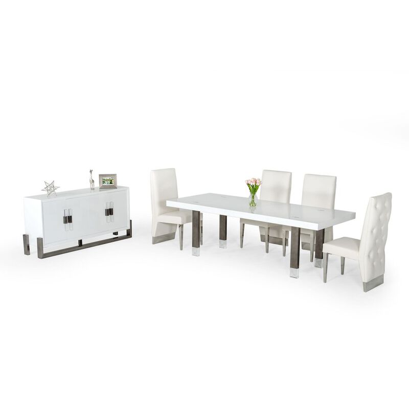 Modrest Lenny- Modern White High Gloss & Stainless Steel Gun Metal Dining Table