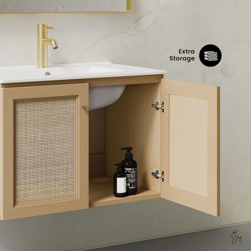 30" Wall-Mounted Bathroom Vanity in Natural Oak, Single Faucet Hole Vanity Top image number 2