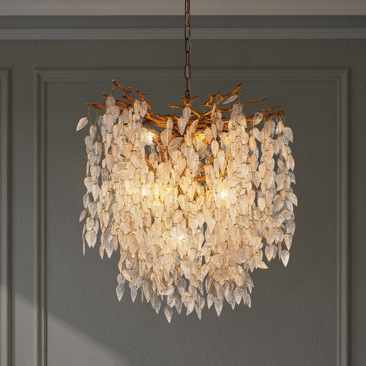 11-Light 22'' Modern Branch Chandelier with Glass Leaves in Painted Brass for Dining Room and Entryway