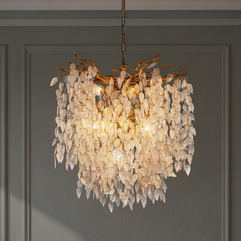 11-Light 22'' Modern Branch Chandelier with Glass Leaves in Painted Brass for Dining Room and Entryway image number 1