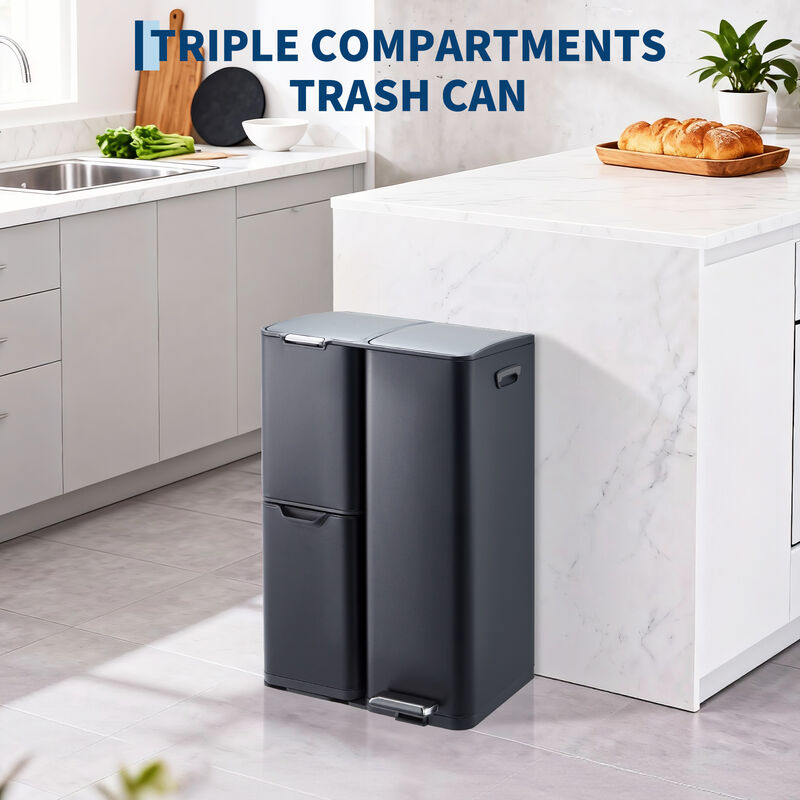 16 Gallon Triple Compartment Stainless Steel Trash Bin, Foot Pedal, Soft Close Lid, Removable Buckets, Large Capacity for Kitchen Office Bathroom image number 1