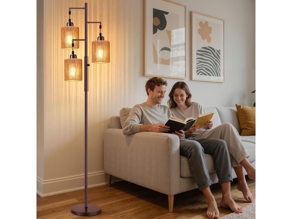 72 Inch Boho Rattan Floor Lamp Dimmable Tree Standing Light for Living Room