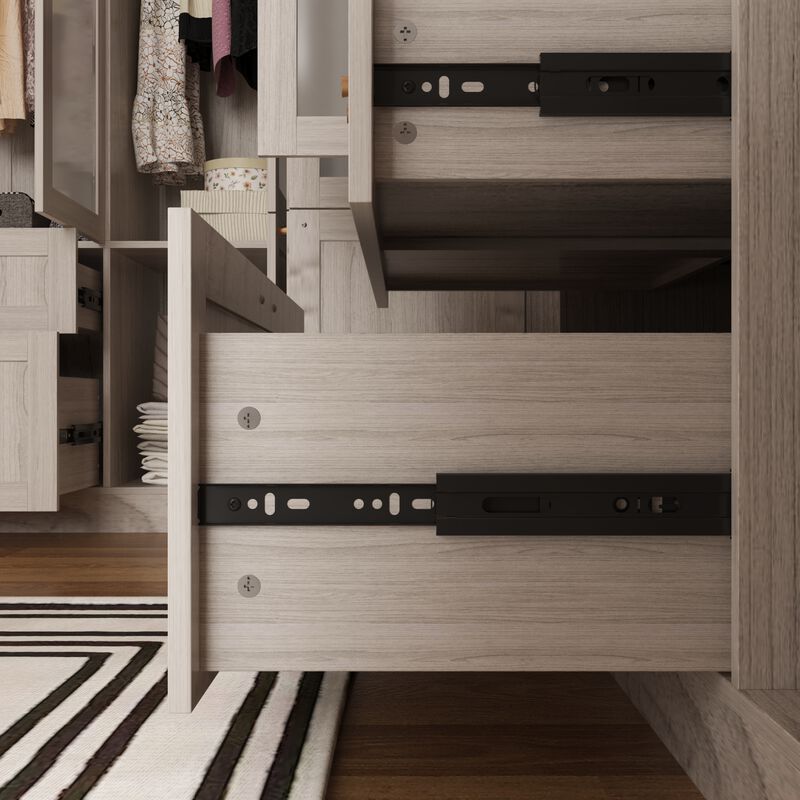 FUFU&GAGA Modular Wardrobe Closet System with Frosted Glass Doors, Gold Handles, Hanging Rods & Drawers,(133.4" W x 98.4" D x 70.9" H),White