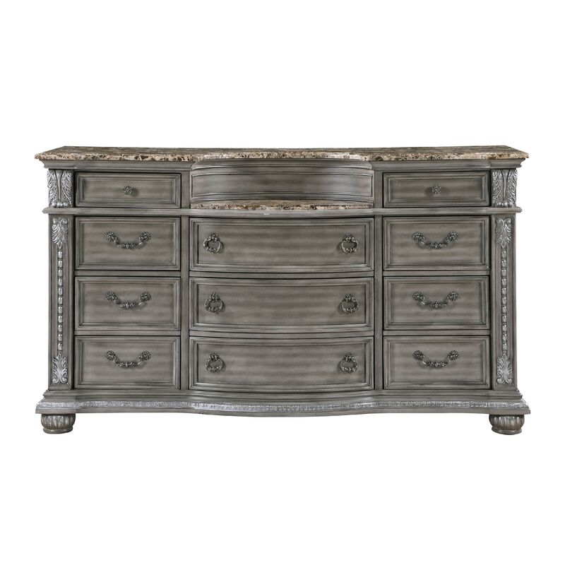 Toga 69 Inch Dresser with 11 Drawers, Gray Acacia Wood, Carved Details - Benzara