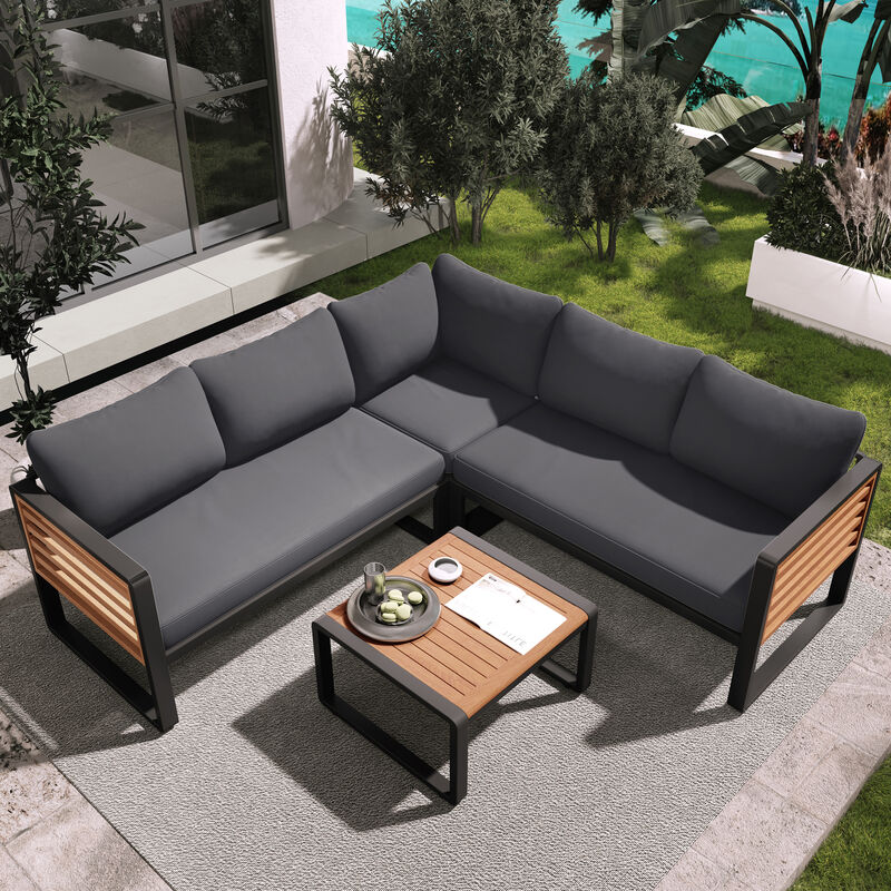 Whisen 4-Piece Metal & Wood Patio Set: L-Shaped Sectional with Cushions & Table
