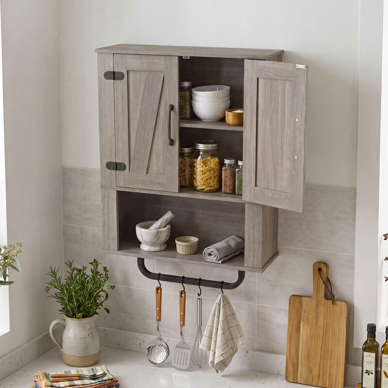 3-Tier Bathroom Wall Cabinet with 2 Barn Doors and Towel Bar image number 4