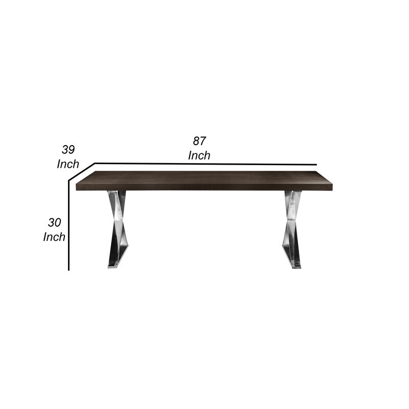 Rix 87 Inch Dining Table, Espresso Brown Wood Top, X Chrome Steel Legs