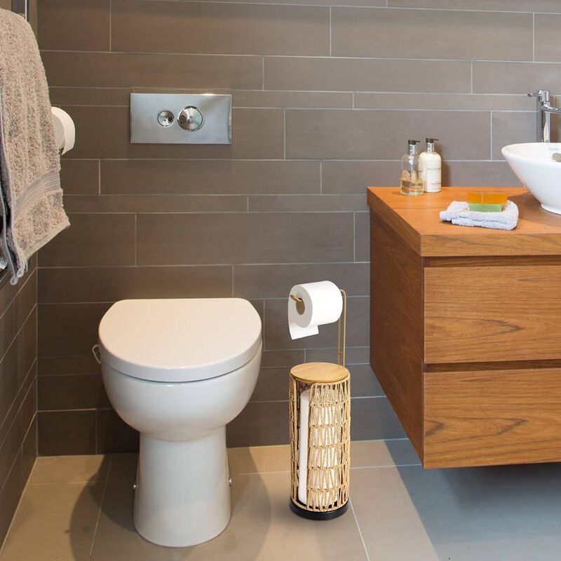Freestanding Toilet Paper Holder with Storage,3 Rolls of Tissue Holder for Bathroom,Handmade Woven Toilet Paper Roll Holder Stand,Rattan Sturdy Boho Bathroom Decor Farmhouse Toilet Paper Storage