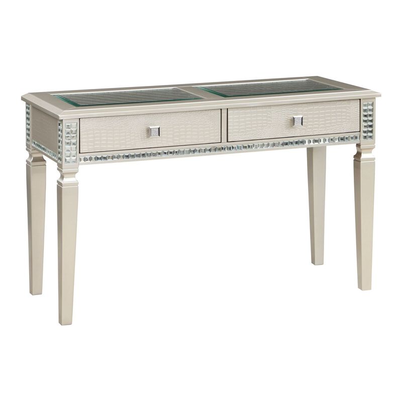 Trace 48 Inch Sofa Console Table, Glass Top, 2 Drawers, Mirror Inserts-Benzara