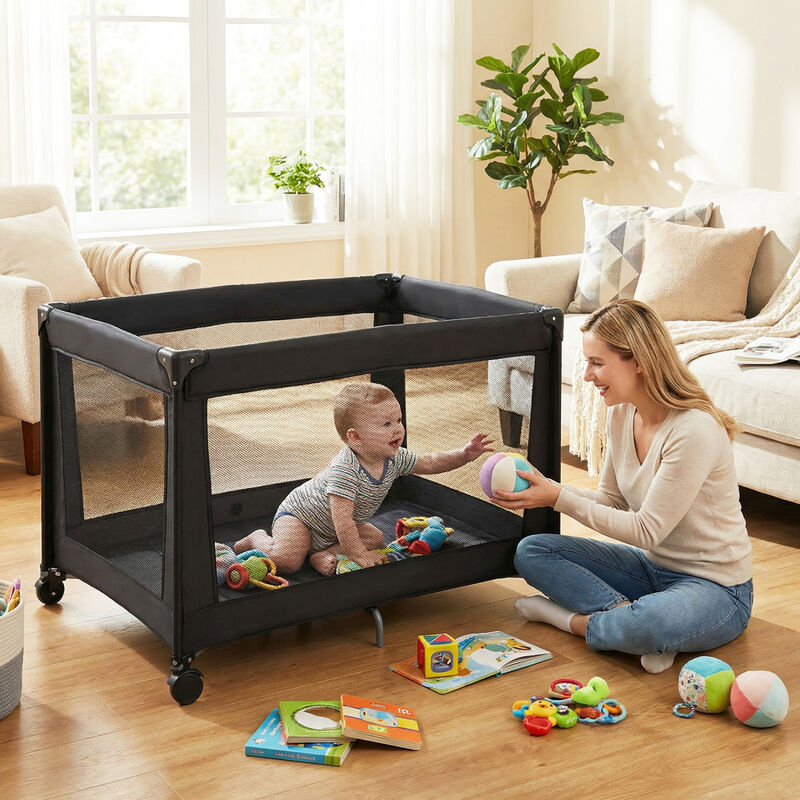 Folding Baby Playard with Soft Mattress and Portable Travel Crib for Infants image number 1