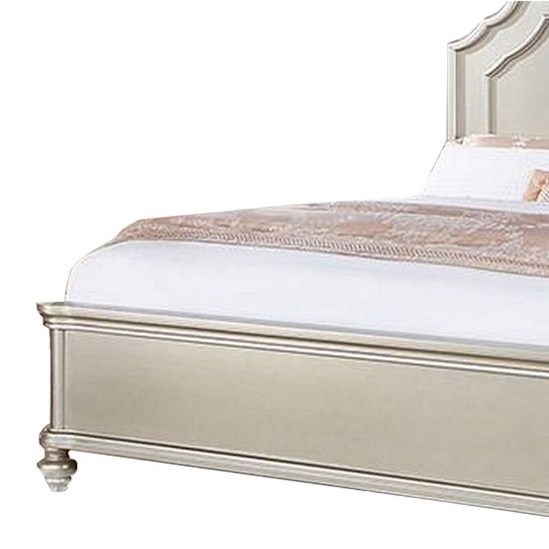 Opp Platform King Size Bed with Curved Panel Headboard, Champagne Silver - Benzara