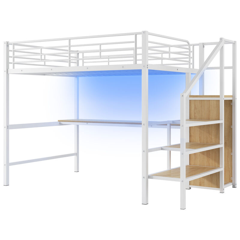 Whisen Full Size Metal Loft Bed with Desk, Storage Staircase, Small Wardrobe and LED Light
