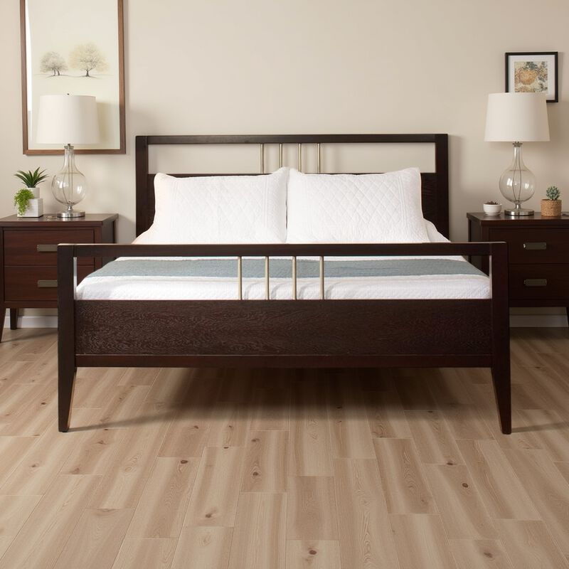 Fang California King Bed, Sleigh Headboard, Metal Bars, Espresso Brown - Benzara