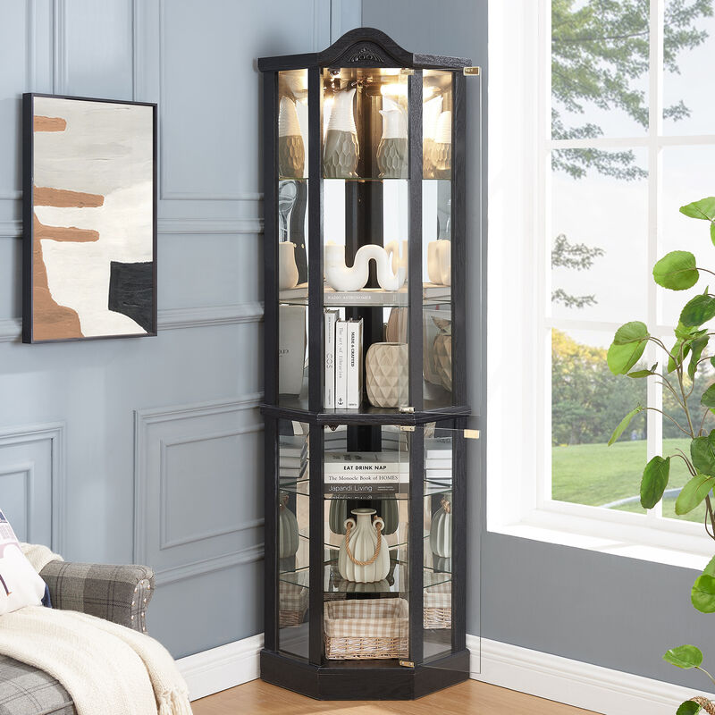 Corner Glass Curio Cabinet with Lighting and Adjustable Shelves image number 1