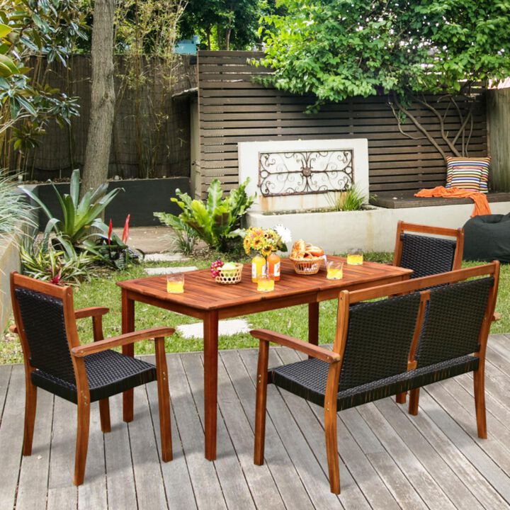 Hivvago 4 Pieces Acacia Wood Patio Rattan Dining Furniture Set