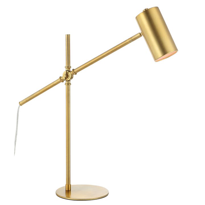 26 Inch Modern Desk Lamp, Metal Shade and Round Base, Painted Gold Finish-Benzara