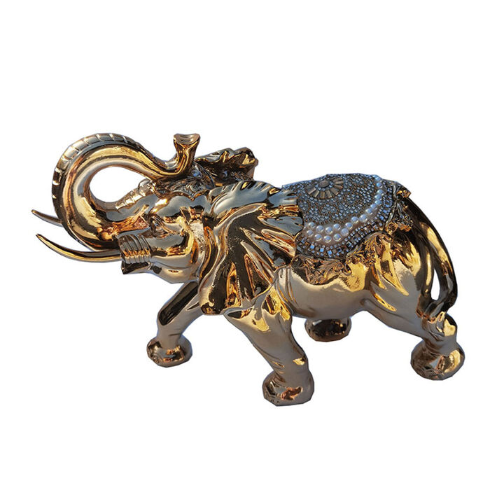 Delightfully Extravagant Gold Plated Elephant with Embedded Crystal and Pearl Saddle (11.5"L x 5"W x 8.5"H)