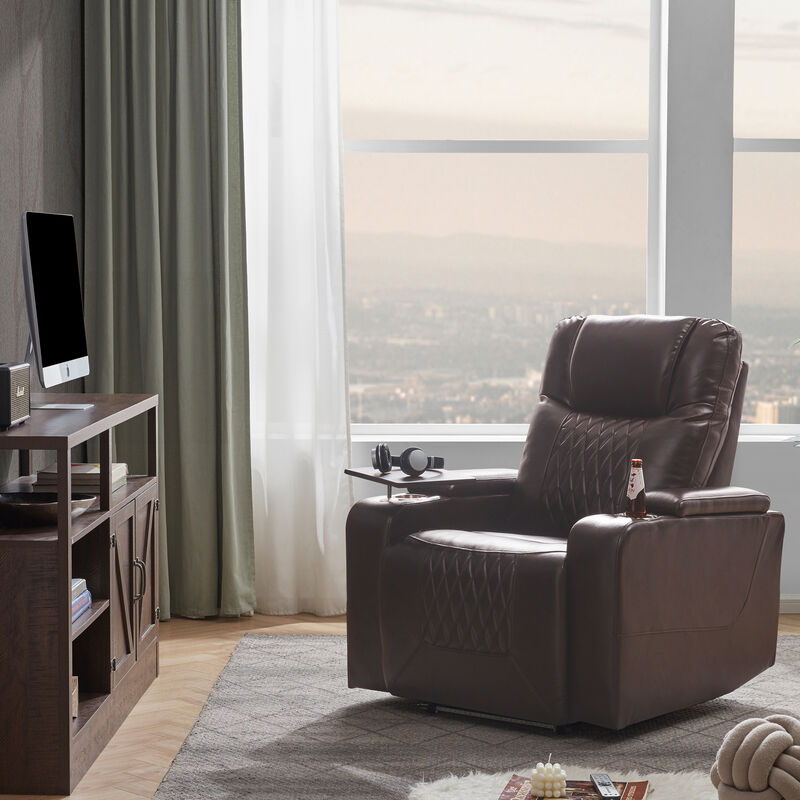Power Motion Recliner with USB Charging Port and Hidden Arm Storage 2 Convenient Cup Holders and 360&deg; Swivel Tray Table