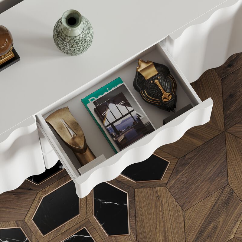 FUFU&GAGA Pure White Storage Cabinet with Doors and Drawers, Handleless Design, Vertical Wave Texture, Painted Craftsmanship, Ultra-Thick Shaped Fronts, (61 in. W x 15.8 in. D x 29.5 in. H), White