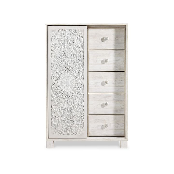 Paxy Tall Dresser Chest, 5 Drawers, Carved Sliding Door, Whitewash - Benzara