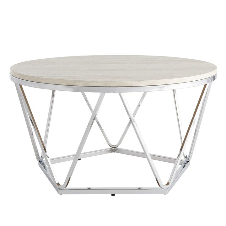 Homezia 33" Silver Manufactured Wood And Metal Round Coffee Table