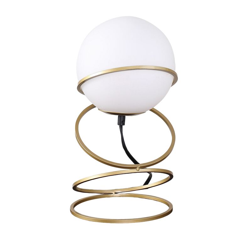 Table Lamp, White Glass Globe, 4 Spiral Ring Accented Base 14 Inch - Benzara