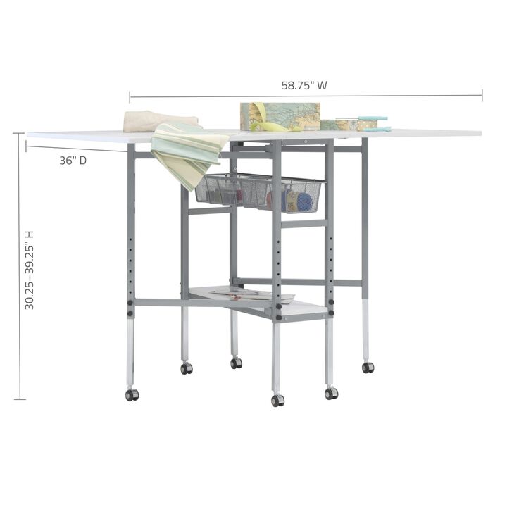 SD Studio Designs Sew Ready Mobile, Folding, Height Adjustable, Quilting, Fabric Cutting Table with Grid Top and Storage in Silver/White