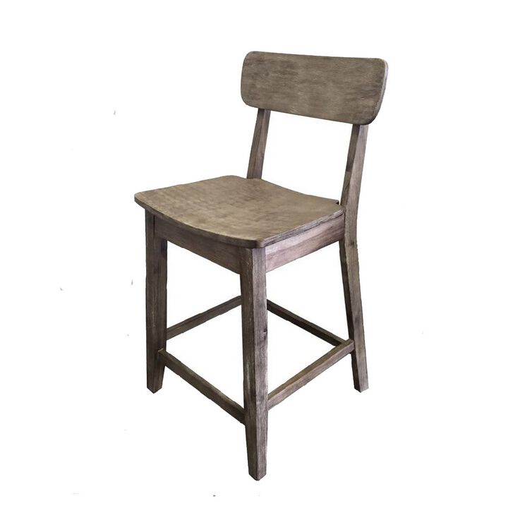 Curved Seat Wooden Frame Counter Stool with Cut Out Backrest, Gray-Benzara
