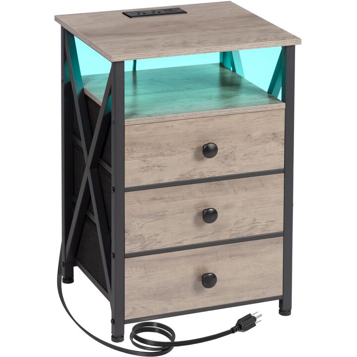 AMHANCIBLE LED Nightstand with Charging Station, Smart End Side Table with USB Port & Power Outlet, Bedside Table with Fabric Dr