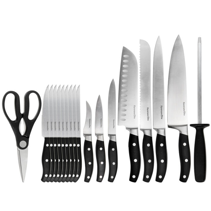 Kenmore Elite 18 Piece Stainless Steel Cutlery and Wood Block Set in Black