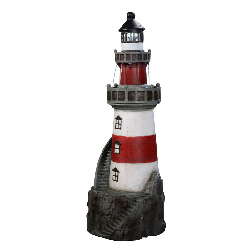 Teamson Home Outdoor Solar Light House Fountain with Rotating LED Light, Red/White image number 3