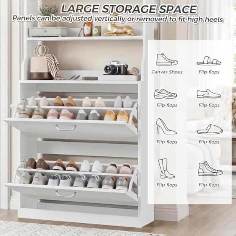 Slim Entryway Shoe Storage Cabinet Flip Drawer White Tall 2 image number 3