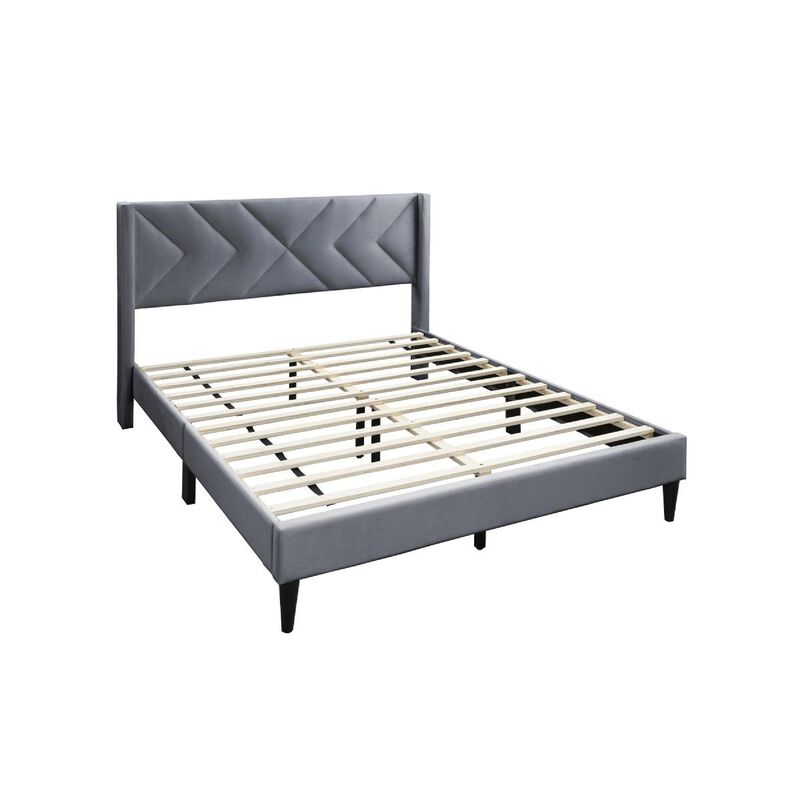 Reno Queen Size Bed, Modern X Channel Tufted Gray Velvet Upholstery - Benzara