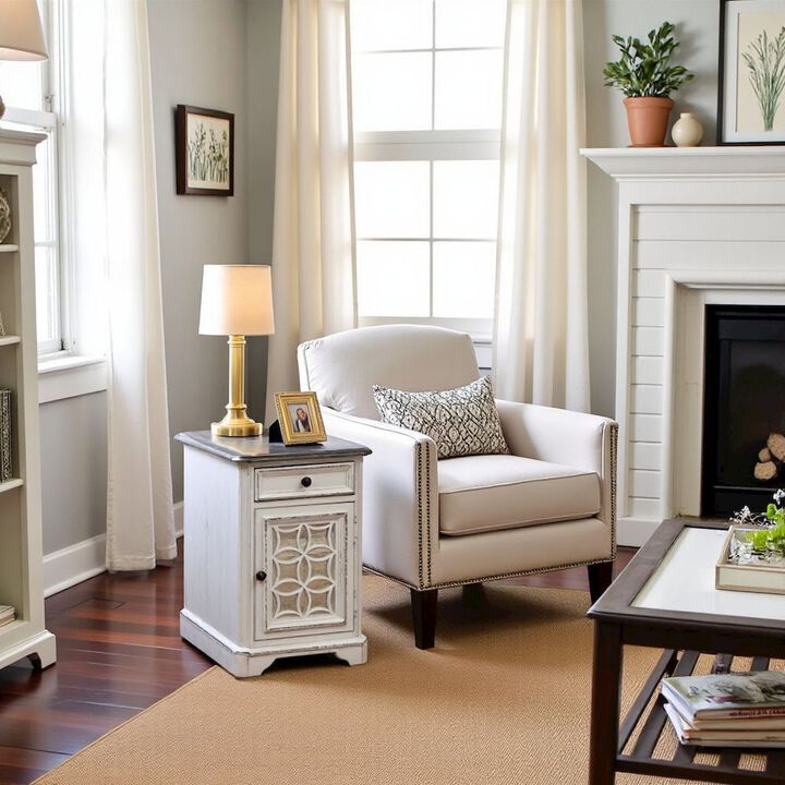 White End Table With Drawer and Cabinet, Accent Table With Storage