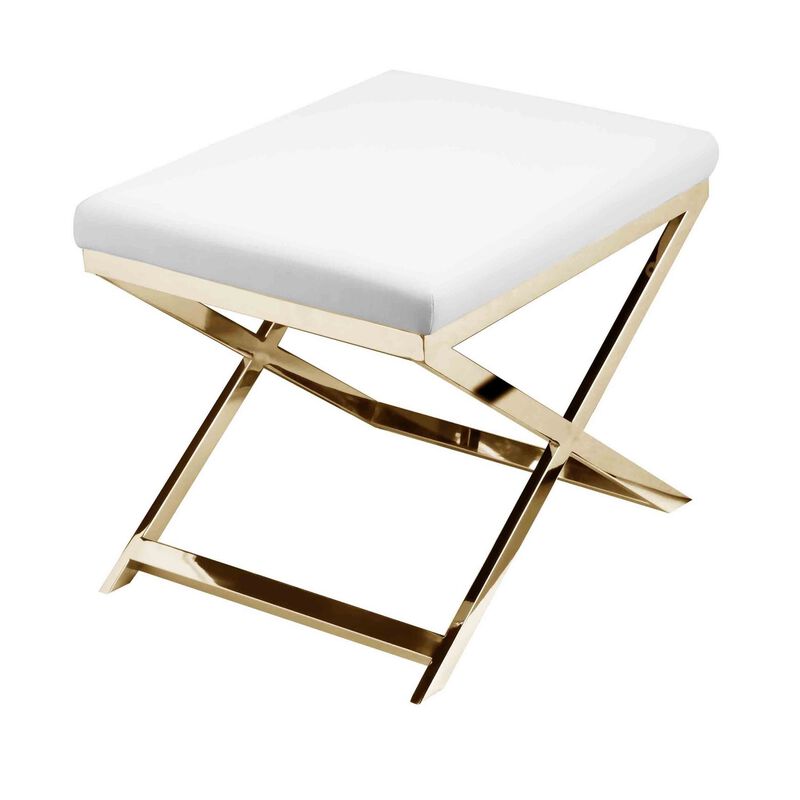 Sovi 20 Inch Ottoman Stool, White Faux Leather Seat, Stainless Steel Frame, Gold - Benzara