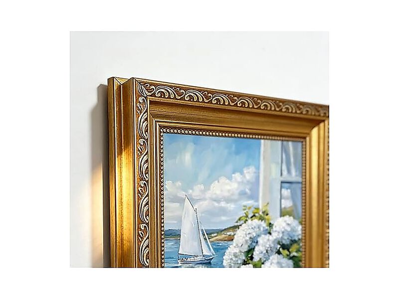 Gold Framed 3D Texture Coastal Canvas Wall Art White Hydrangea Sailboat Poster image number 2