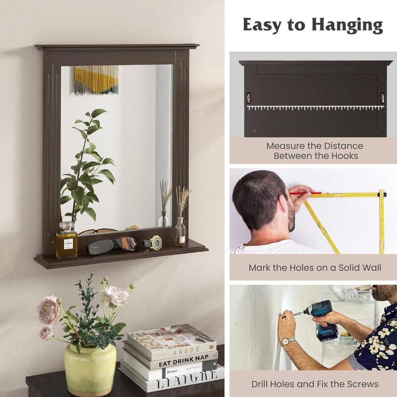 Hivvago 27-in x 22.5-in Bathroom Wall Mirror with Shelf in Dark Brown Wood Finish