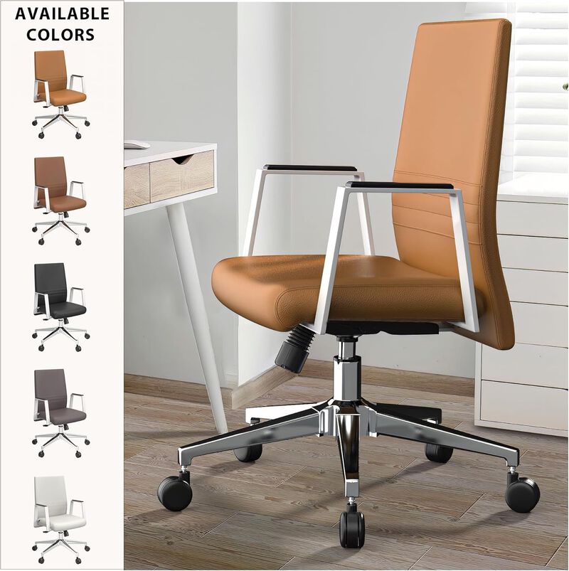 LeisureMod Aleen Mid-Century Modern Office Chair in Upholstered Leather and Iron Frame with Swivel and Tilt