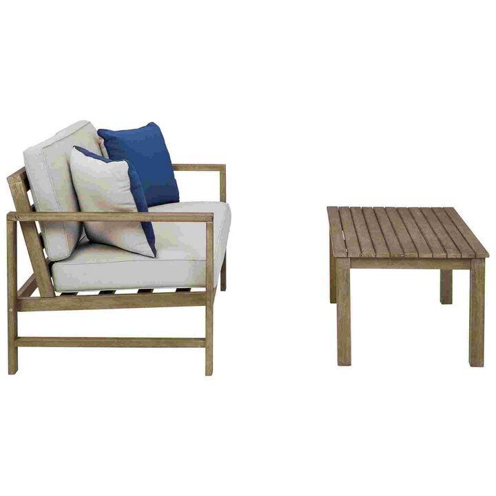 2 Piece Outdoor Loveseat and Table with Fabric Cushions, Brown-Benzara