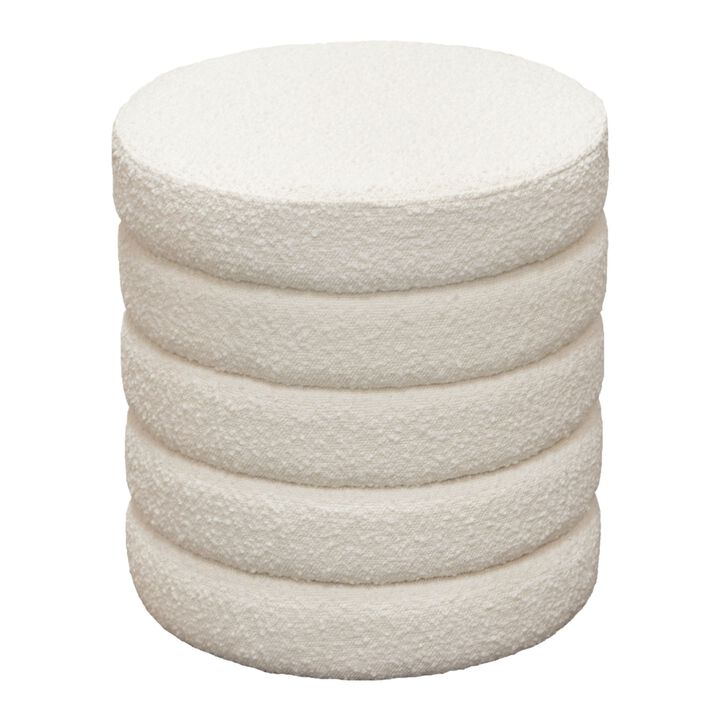 Accent Ottoman, 17 Inch, Ivory Boucle Upholstery, Round Stacked Design