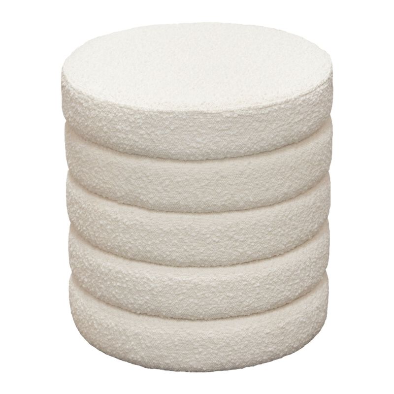 Accent Ottoman, 17 Inch, Ivory Boucle Upholstery, Round Stacked Design