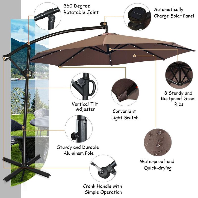 360-Degree Rotating Patio Umbrella &ndash; Solar Powered LED Cantilever Shade (Base Not Included)