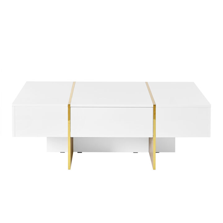 Clihome 47.2'' x 31.4''Minimalist High Gloss Coffee Table with 2 Drawers, Multi-Storage Rectangle Sofa Table with Golden Wood Grain Legs, Modern Center Table for Living Room